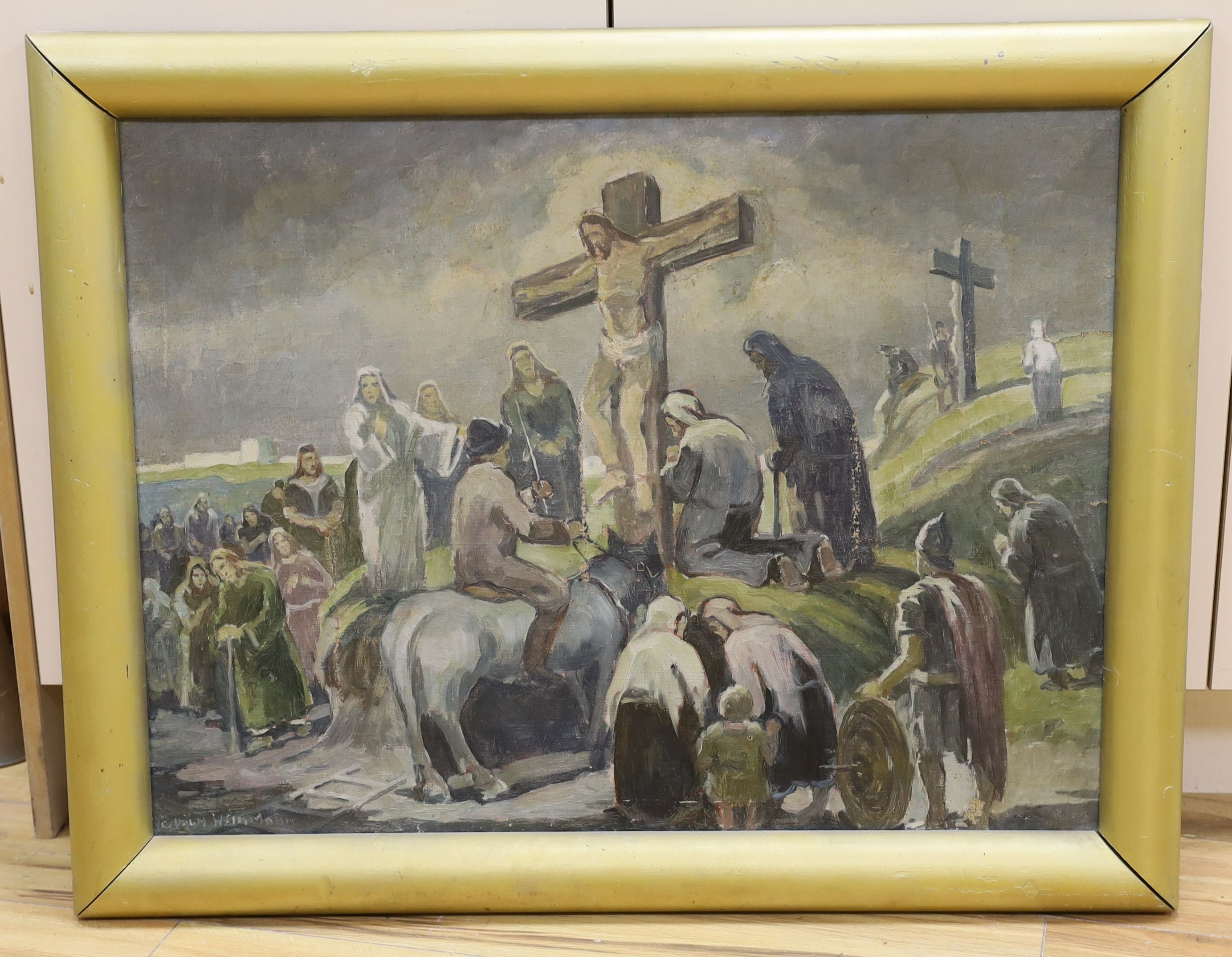 Werner Vogel Weinmann, oil on canvas, At Golgotha, signed with label verso, 58 x 78cm
